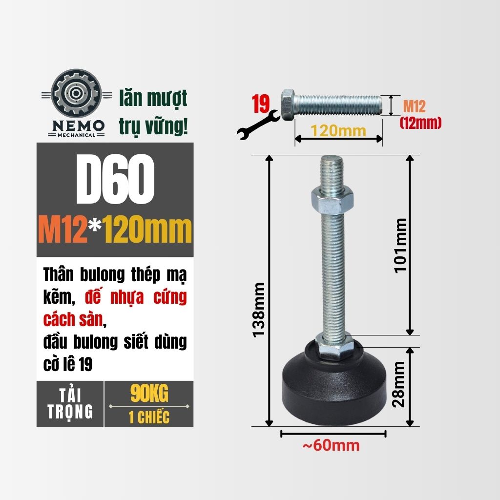 Chân Tăng Chỉnh Đế Nhựa Cứng – Giải Pháp Cân Bằng & Chống Rung (M10, M12, M16)